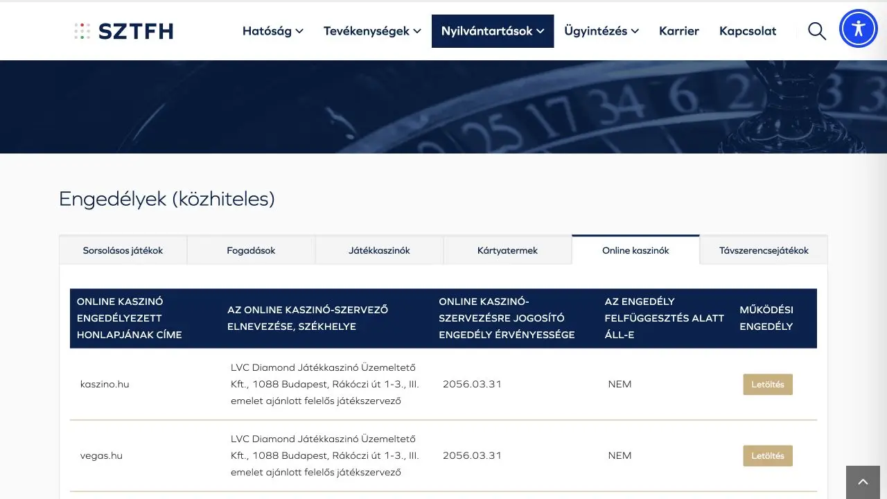 Az SZTFH online kaszinókat felsoroló közhiteles nyilvántartása
