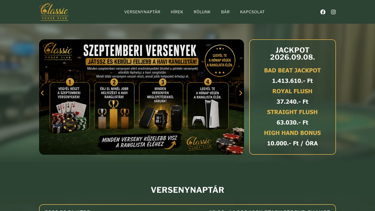 A classicpoker.hu magyar főoldala 2026. szeptember 6-án