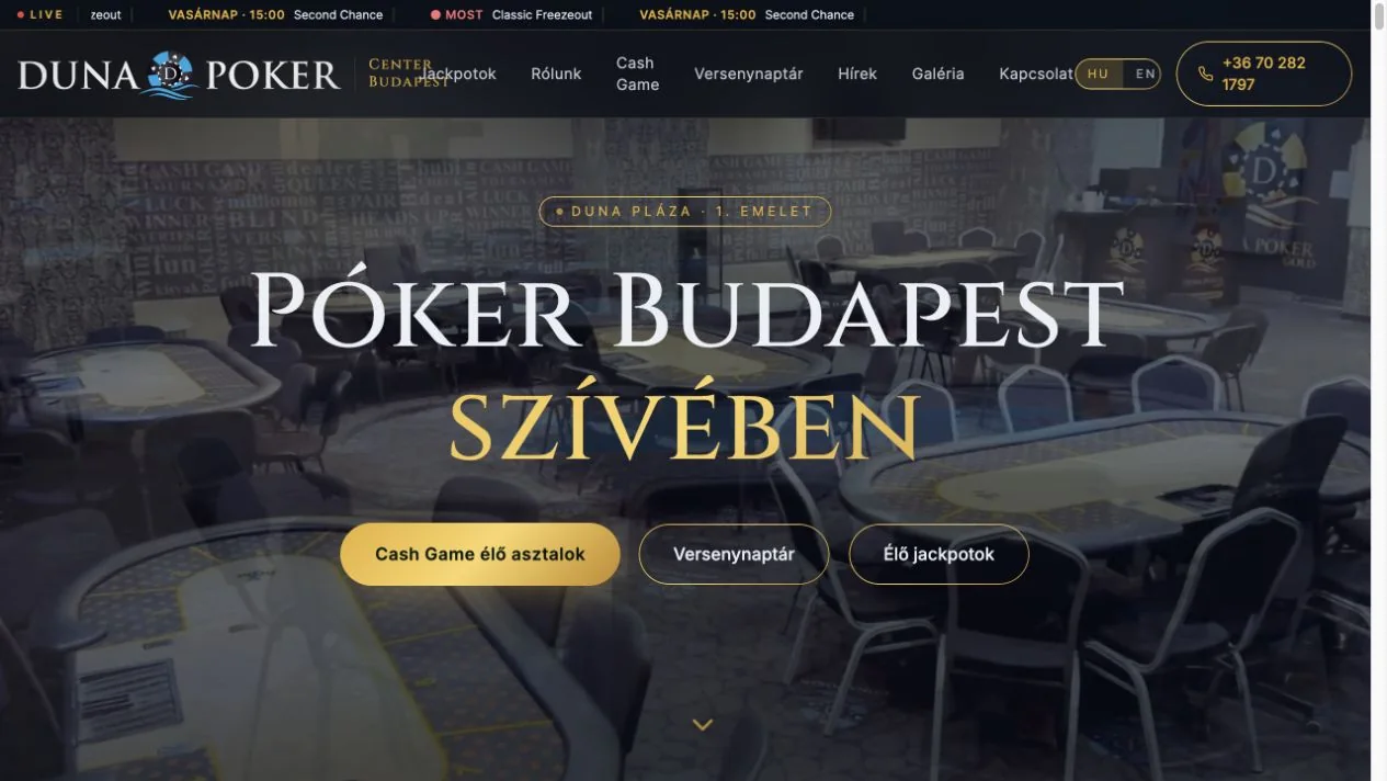 A Duna Poker Center hivatalos honlapjának kezdőképernyője
