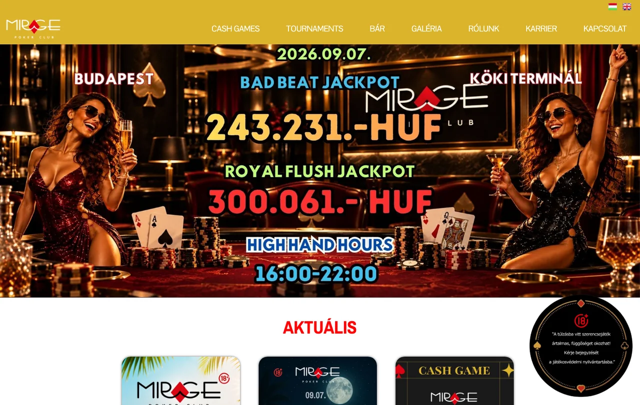 A Mirage Poker Club magyar nyitólapja 2026. szeptember 8-án