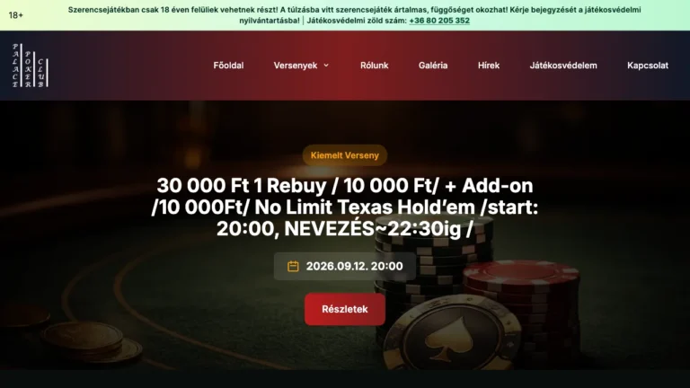 A palacepoker.hu magyar nyelvű nyitóoldala, 2026. szeptember 6-án rögzítve
